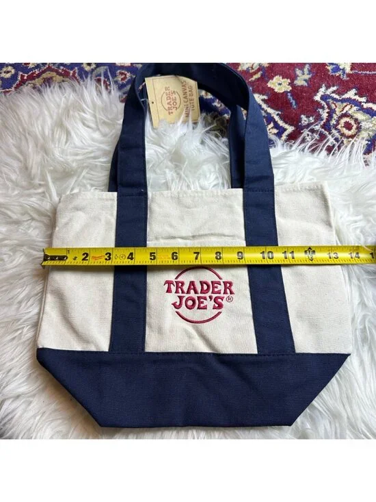 NWT Trader Joes Navy Blue Mini Canvas Tote Bag Reusable Ecofriendly Market 866 - Picture 4 of 9